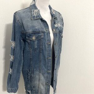 Cherry Koko Denim Jacket Ripped Long Distressed Light Wash 100% Cotton Small
